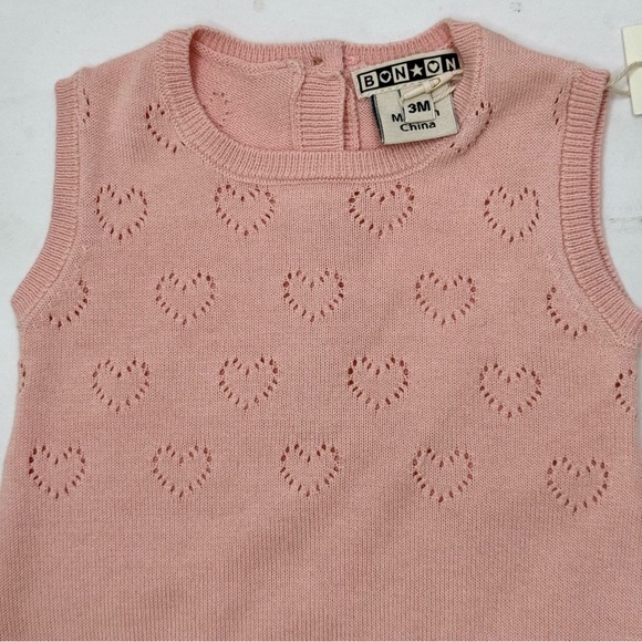 NWT BONTON Paris Baby Romper Rose Pink Heart Cotton Knit Size 3M - Picture 7 of 16